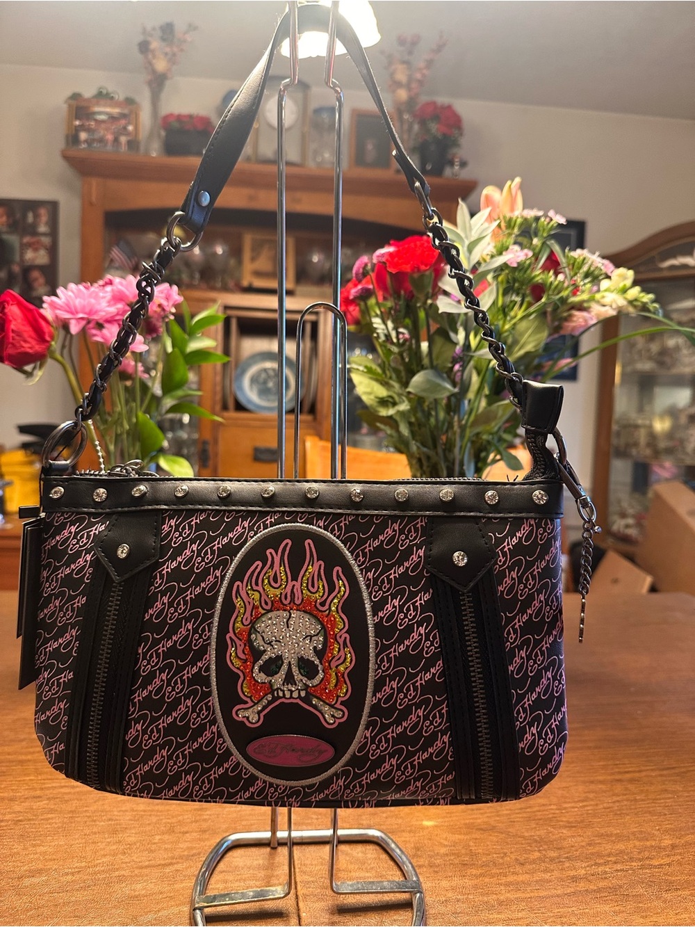 Ed Hardy Rebel Burning Skull Shoulder Bag Women’s